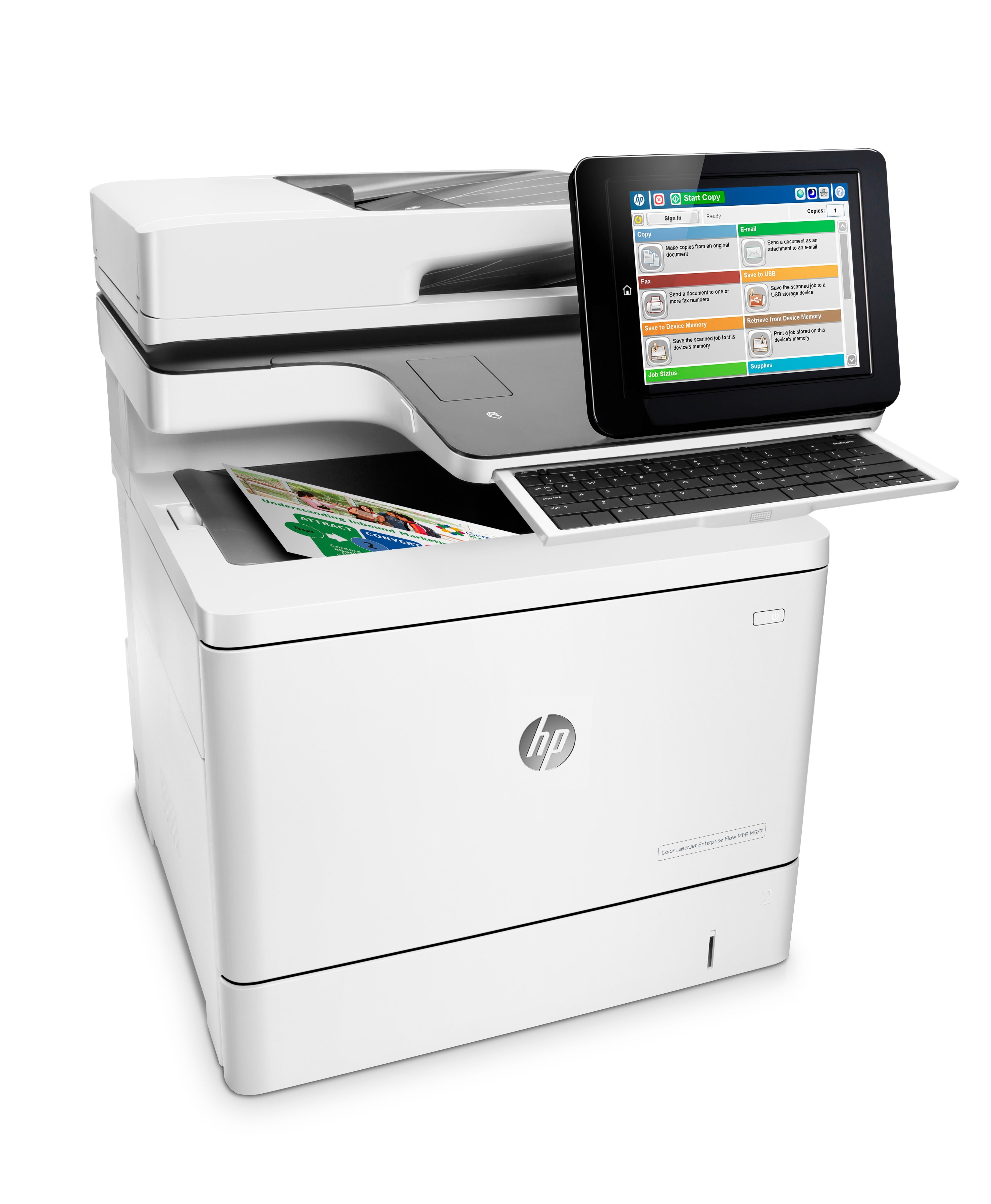 HP Color LaserJet Enterprise Flow MFP M577c, couleur, imprimante professionnelle, impression, copie, numérisation, télécopie, bac d'alimentation de 100 feuilles ; Impression via le port USB avant ; Numériser vers e-mail/pdf ; Impression recto verso