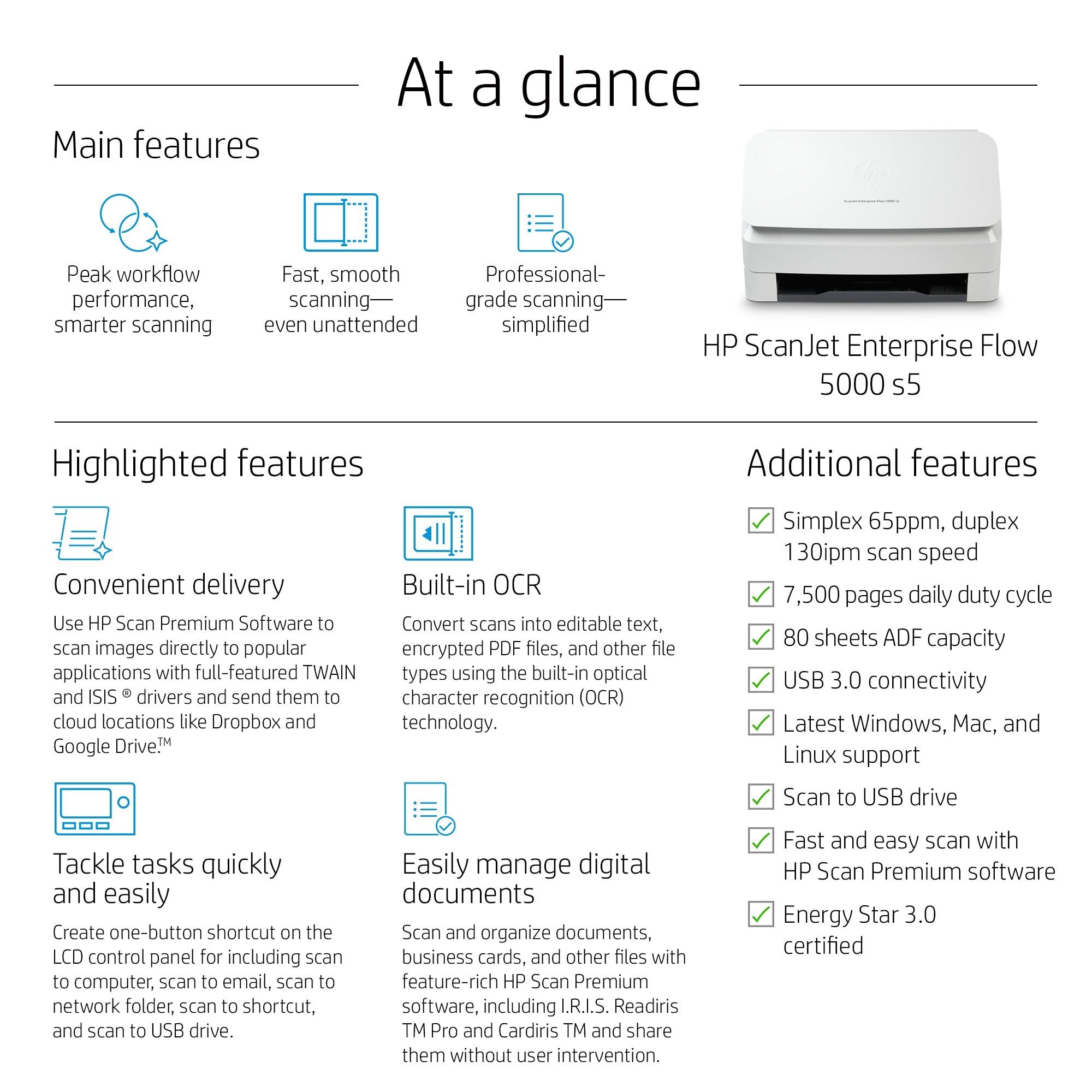 HP Scanjet Enterprise Flow 5000 S5 PAGINASCANNER 600 X 600 DPI A4 WHITE