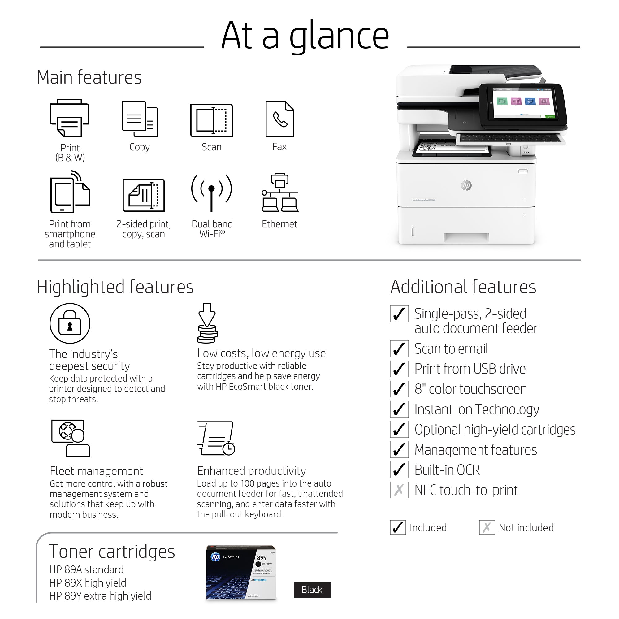 HP LaserJet Enterprise Flow MFP M528z, impression, copie, numérisation, télécopie, impression à partir du port USB avant ; Numériser vers un courrier électronique ; Impression recto verso ; Numérisation recto verso