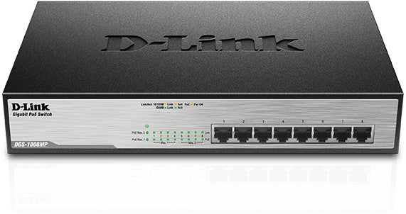 D-Link DGS-1008MP commutateur réseau Non géré Gigabit Ethernet (10/100/1000) Alimentation via Ethernet (PoE) 1U Noir